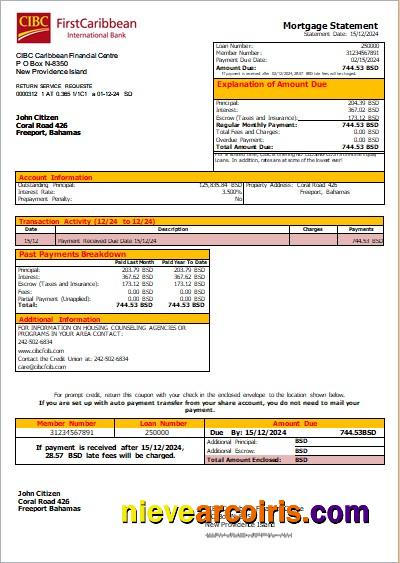 Bahamas CIBC Caribbean Bank bank mortgage statement